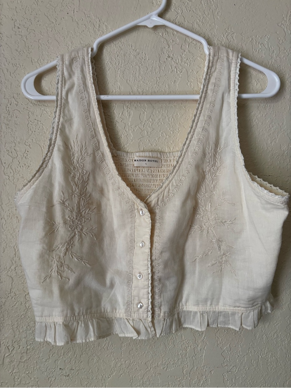Maison Hotel Cream Embroidered Linen-Blend Sleeveless Top